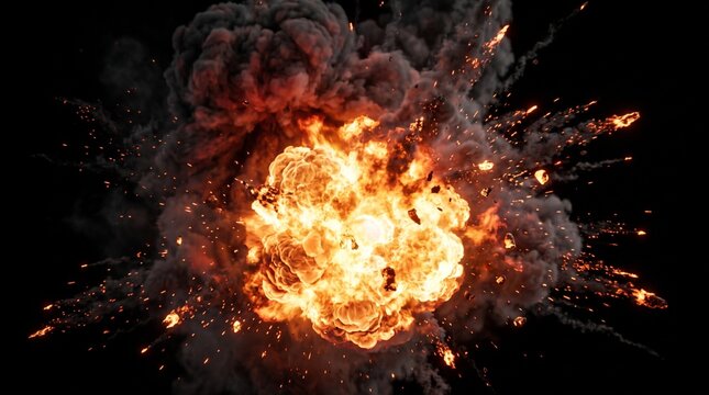 Intense Fireball Explosion with Smoke and Debris on Black Background