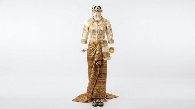 Traditional Indonesian golden wedding attire and accessories displayed elegantly on a mannequin
