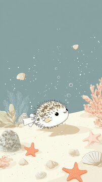 Cute pufferfish swimming in a sandy ocean floor with starfish and coral reefs