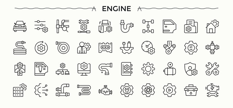 Engine icon collection. Automotive icon set. Collection for mobile and web apps. Pack of auto parts, service, parts, automotive, spare and more. Vector illustration.