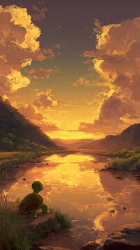 Person sitting by a calm river reflecting the golden sunset sky and surrounding mountains