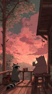 Two anthropomorphic animals, a raccoon and a bear, enjoy a drink on a wooden porch at sunset
