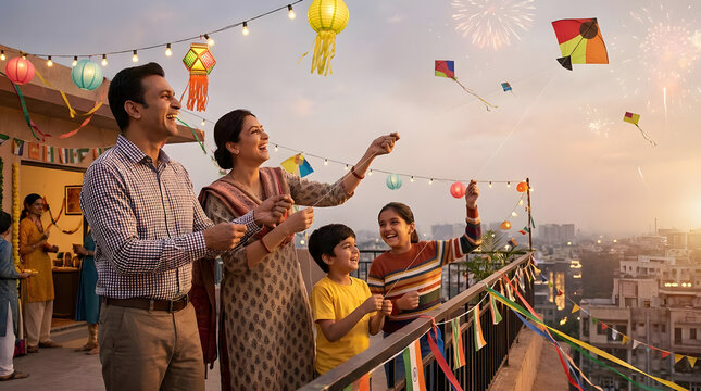 Family flying kites on rooftop during sunset festival.