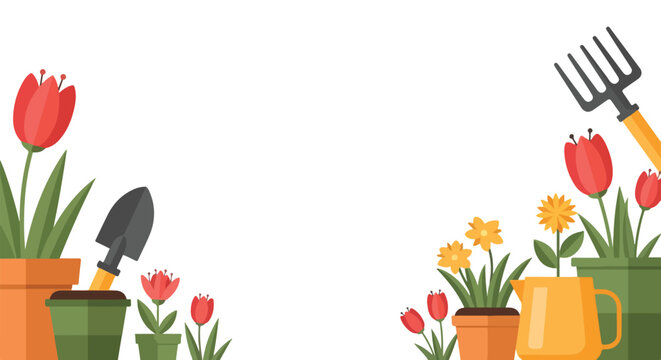 A banner vector illustration featuring potted spring flowers, tulips, and gardening tools framed around a white background.