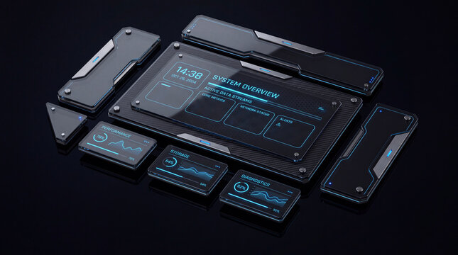 Futuristic sci-fi HUD dashboard interface with glass panels and blue neon neon lights displaying system metrics, performance diagnostics and data tracking.