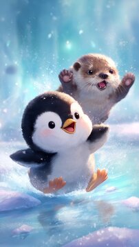 Cute penguin and otter playing together in a snowy, icy environment with a bright blue sky