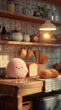 Cute pig character sitting on a wooden kitchen counter next to fresh bread and baked goods