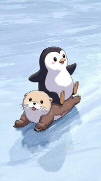 Cute penguin riding on the back of a playful otter sliding down an icy surface together