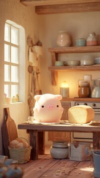 Cute pink pig plush toy sits on a rustic wooden table in a cozy kitchen with bread and jars