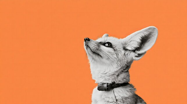 Fennec fox wearing a collar looking up on an orange background, stylish and cute