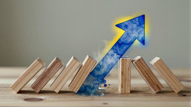 Dominoes topple, arrow risessymbolizing unstoppable growth and positive momentum.