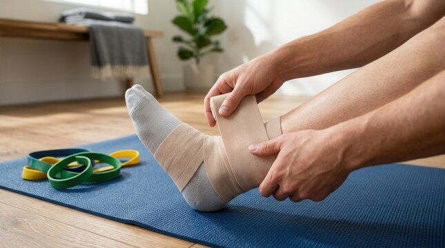 Man applying athletic tape to injured ankle on yoga mat with resistance bands nearby, preparing for physical therapy or sports rehabilitation