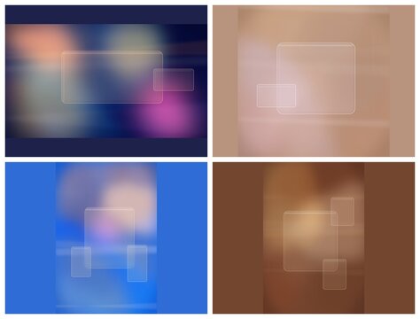 Cinematic blur backgrounds in blue and warm pink tones feature glowing frosted UI frames, perfect for futuristic app promos and presentation covers.