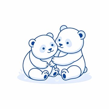 Two Cute Baby Panda Bears Hugging Line Art Illustration