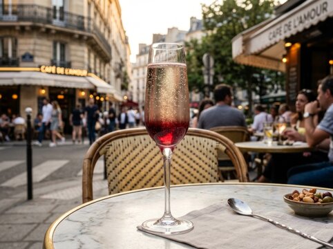 Sparkling ros? wine on a marble cafe table in the city