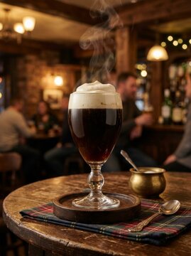 Steaming coffee in a stemmed glass at a cozy pub table