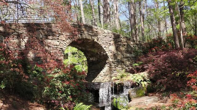Stone arch bridge over waterfall in forest.