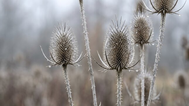 Dried teasel seed heads with dew drops in winter