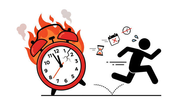 Stressed businessman running from burning alarm clock, deadline pressure and time management concept, urgent work schedule with fire and icons