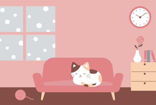 winter vector background with a Japanese cat curled up on the pink sofa in the room and falling snow outside the window