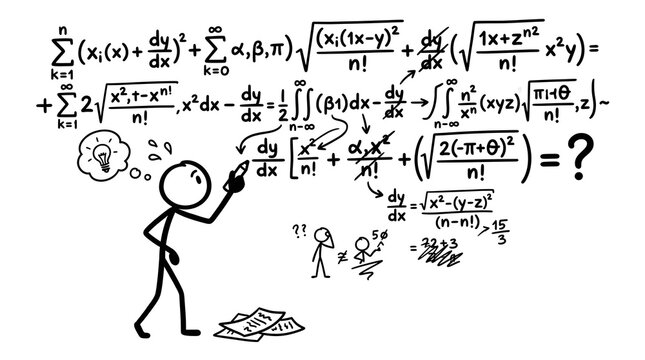 Complex mathematical equations with stick figure drawing, hand drawn physics formulas on white background, scientific problem solving concept