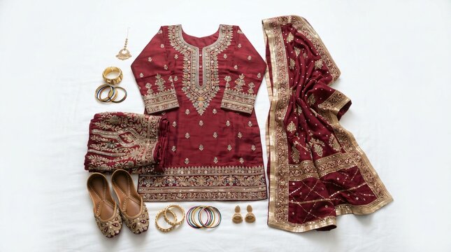 Traditional maroon embroidered salwar kameez set with gold dupatta and ethnic jewelry for south asian wedding celebrations