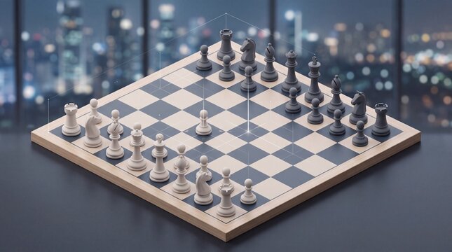 Strategic chess game setup on a board, representing business strategy, competition, and intellectual challenge, with a cityscape background at dusk