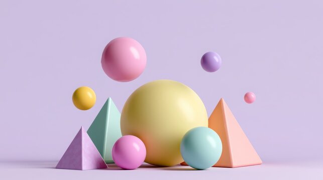 Floating and grounded pastel geometric shapes including spheres and pyramids on a plain light purple background with colors arranged minimalist