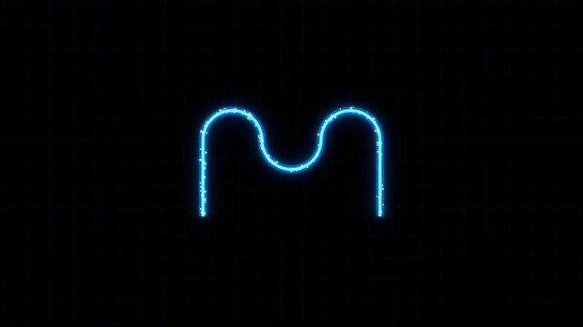 Neon glowing m letter shape with particle effects on a dark grid background