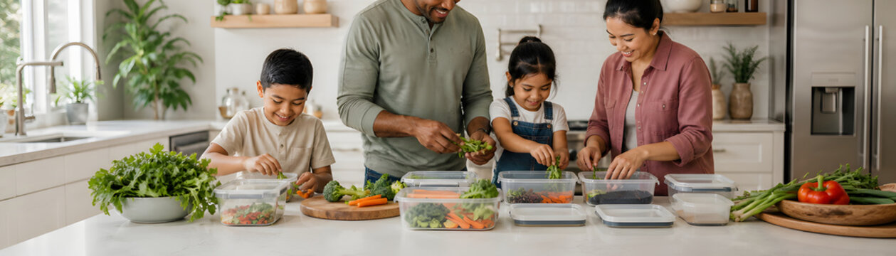 Family preparing healthy meals together in modern kitchen, showcasing teamwork and joy in cooking with fresh vegetables and containers
