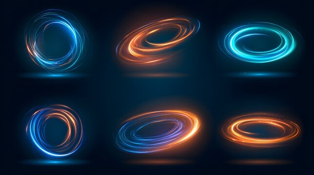 Set of glowing blue and orange circular light trails isolated on dark background. Dynamic motion graphics for futuristic technology and energy science concepts.