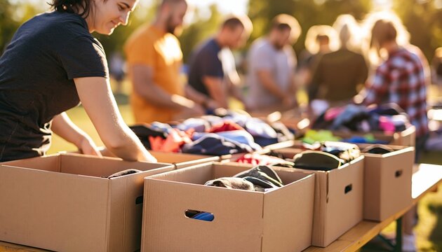 Volunteers and people sorting clothing donations into cardboard boxes for a community charity service outdoors