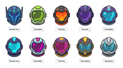 Fototapeta premium Collection of futuristic sci fi astronaut helmet illustrations for gaming and space themes.
