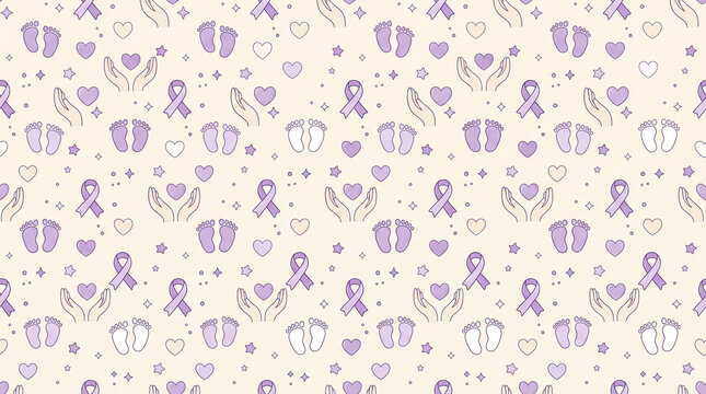 Seamless Pattern of Purple Awareness Ribbons, Baby Footprints, and Caring Hands with Hearts for Health Support and Love