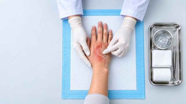 Healthcare professional applying cooling hydrogel to burned hand during wound treatment and skin injury care