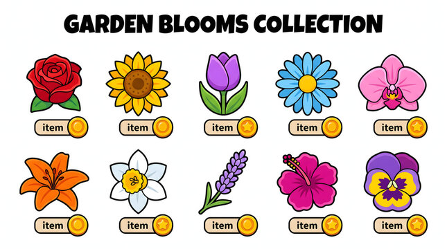 Colorful garden blooms collection featuring various flower icons for mobile game interface assets