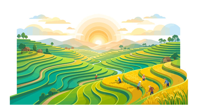 Terraced rice fields glow under a bright rising sun as farmers work on the green and yellow hillsides.