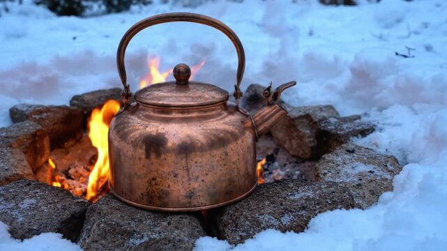 Traditional copper kettle heating on an outdoor fire pit in winter