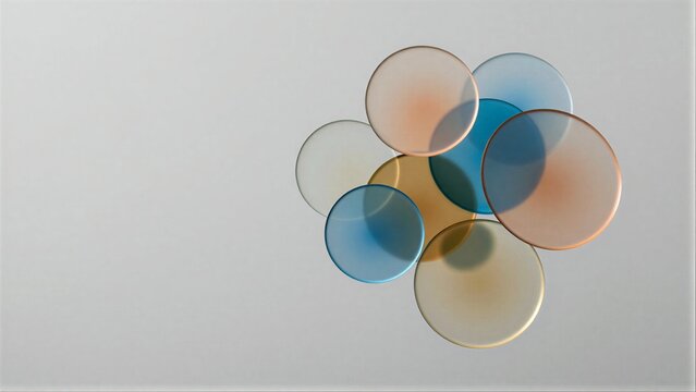 Colorful glass circles float against a minimalist white background, creating an abstract composition.