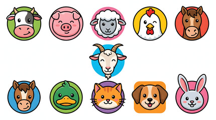 Obraz premium Set of cute farm animal head vector icons with colorful faces in a cartoon sticker style.