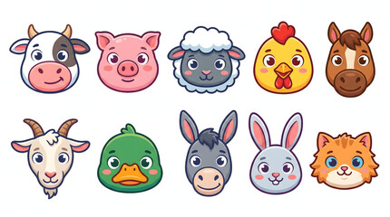Fototapeta premium Collection of cute cartoon farm animal head icons for kids educational design and stickers