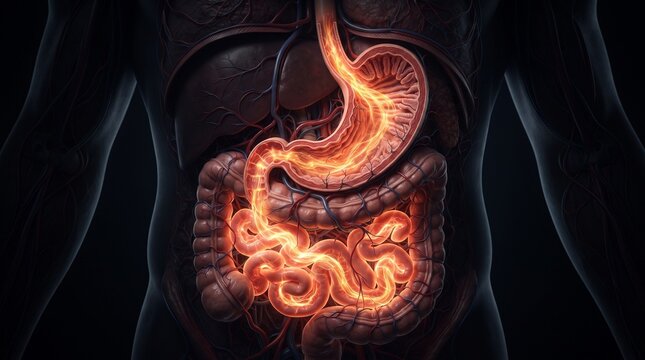 Illustration of the human digestive system: stomach and intestines. Digestive pathway, blood vessels. Dark background, visualization of organ function, medical reference.