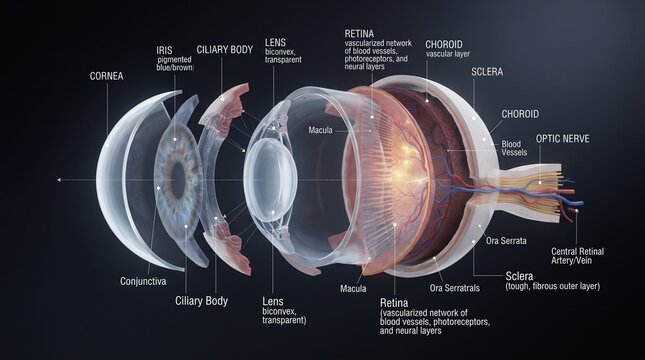 Illustration of human eye anatomy&mdash;cornea, iris, lens, retina, and optic nerve&mdash;clearly labeled. Realistic colors. Medical, biological, and ophthalmological context.