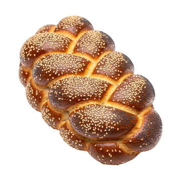 Fresh braided challah bread loaf topped with sesame seeds isolated on transparent background
