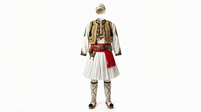 Historically significant traditional Greek fustanella costume, complete with embroidered vest, pleated skirt, and cap, showcasing rich cultural heritage on a plain background