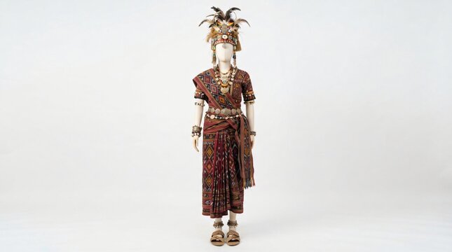 Traditional Indonesian Javanese Wedding Attire with Batik Sarong and Ornate Headdress on Mannequin