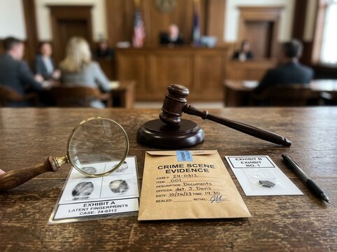 Courtroom Justice And Criminal Evidence Investigation Scene