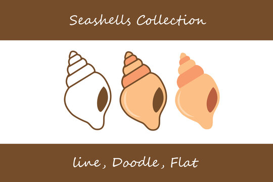 Seashells Doodle, Line, Flat Style