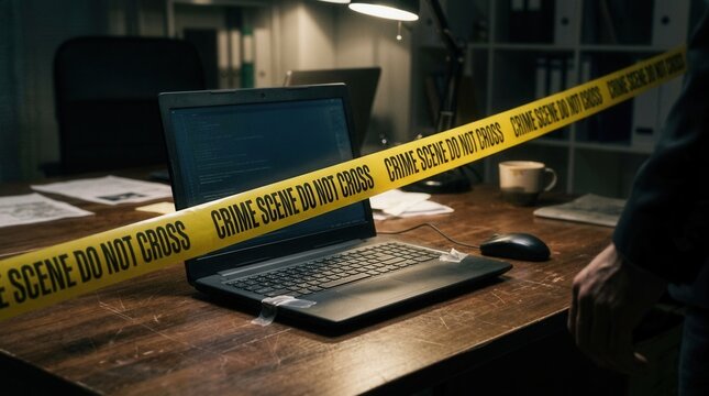 Cyber Crime Scene Investigation In Office With Caution Tape