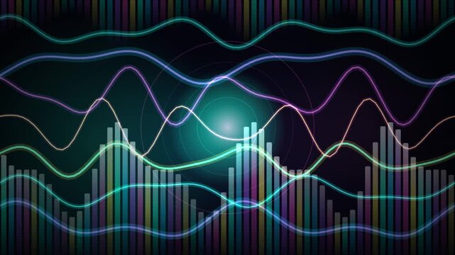 Glowing neon wave patterns animate over a digital equalizer bar background